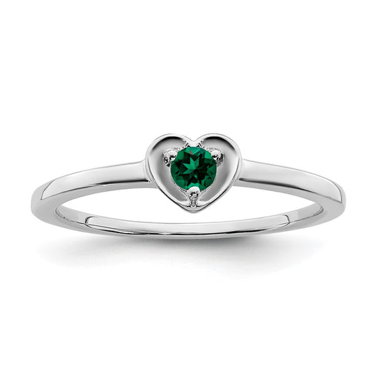 14K White Gold Created Emerald Heart Ring