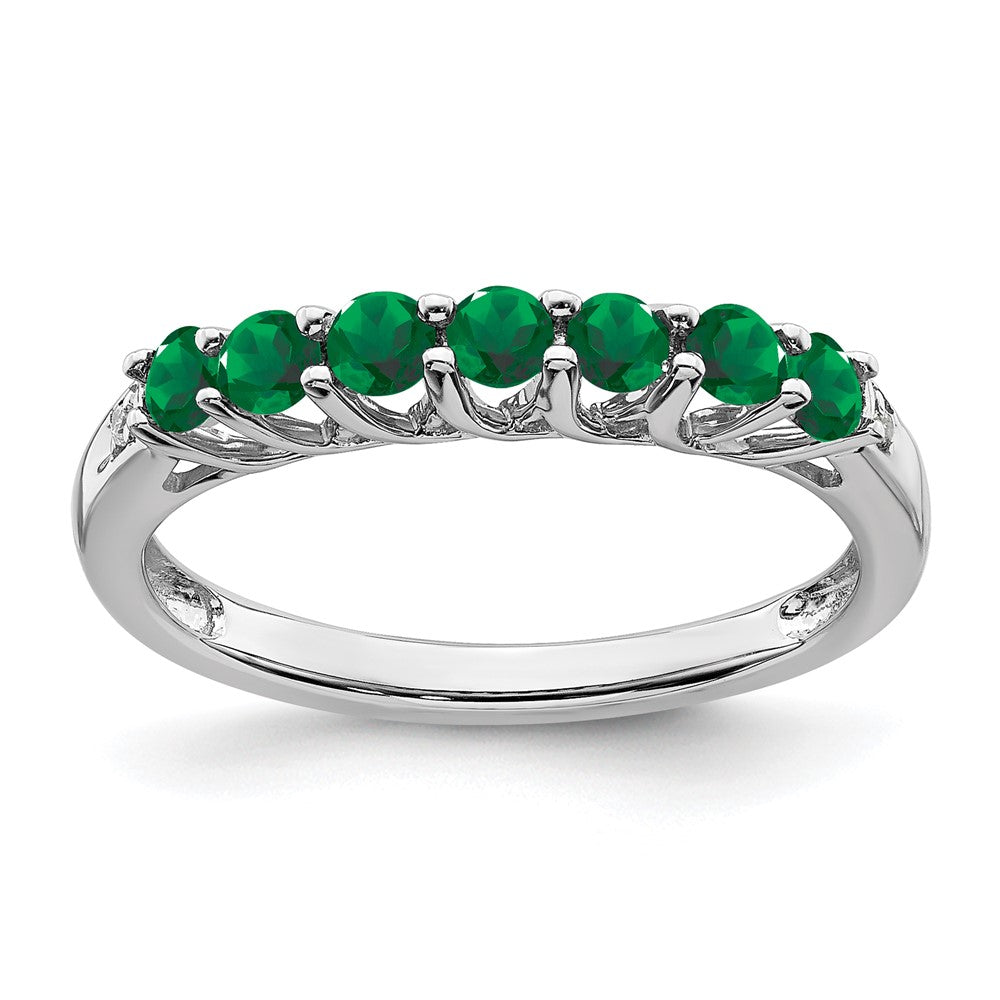 14k White Gold Created Emerald and Diamond 7-stone Ring