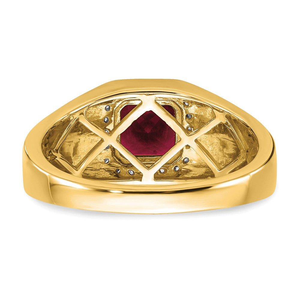 14k Cushion Created Ruby and Diamond Mens Ring
