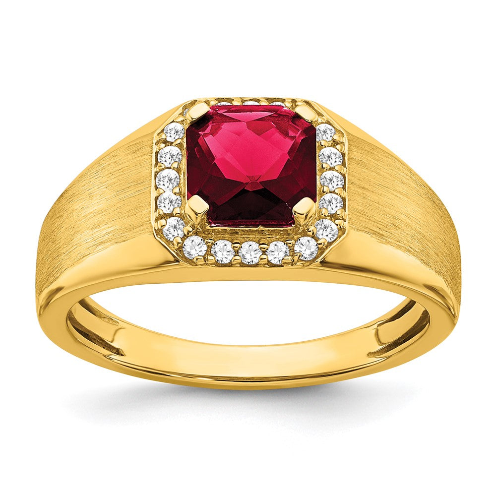 14k Cushion Created Ruby and Diamond Mens Ring