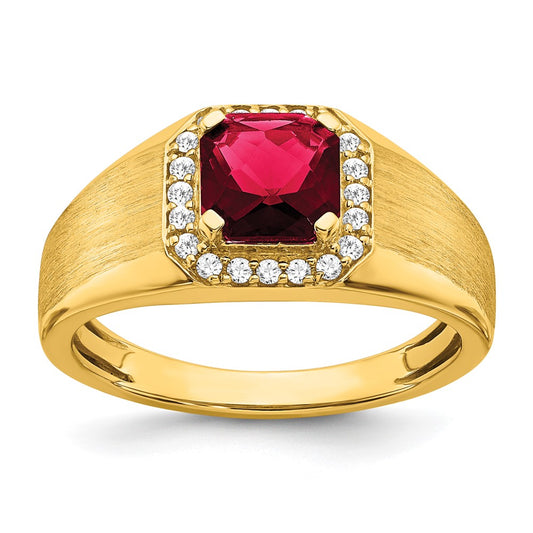 14k Cushion Created Ruby and Diamond Mens Ring
