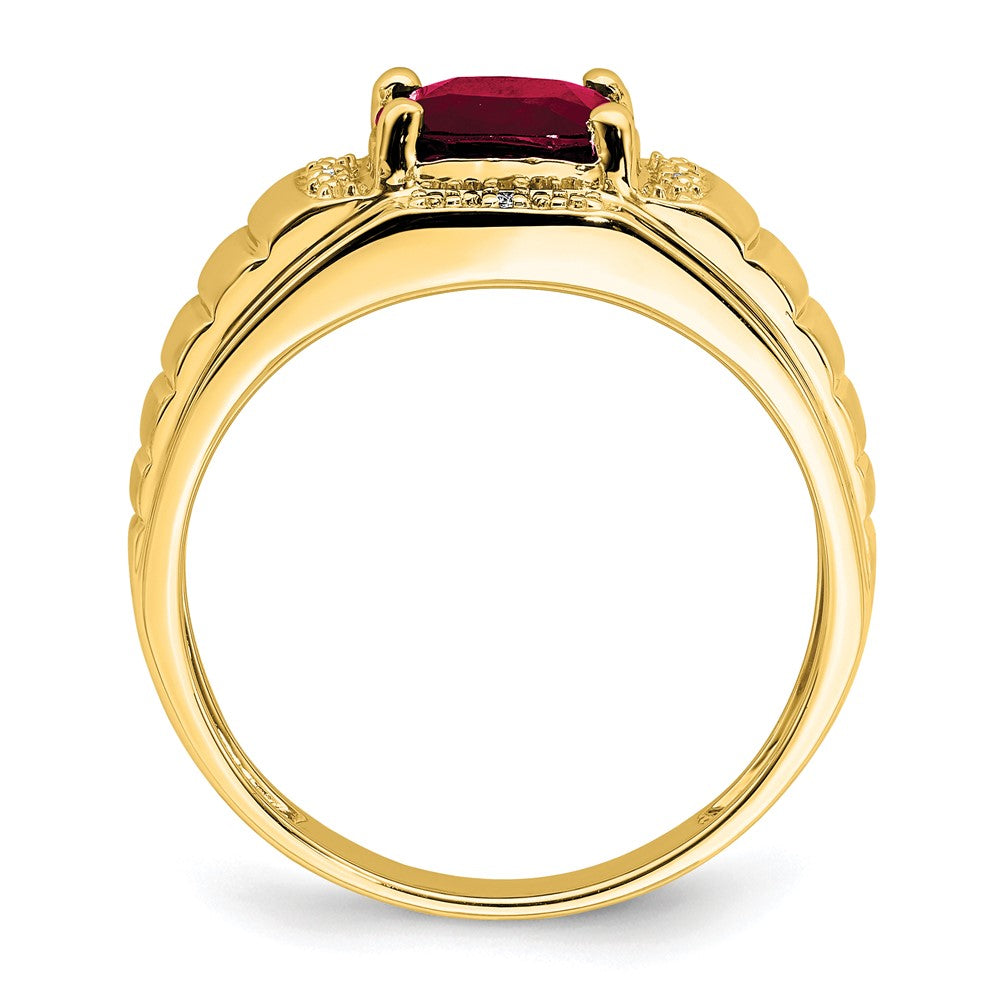 14k Yellow Gold Cushion Created Ruby and Diamond Mens Ring