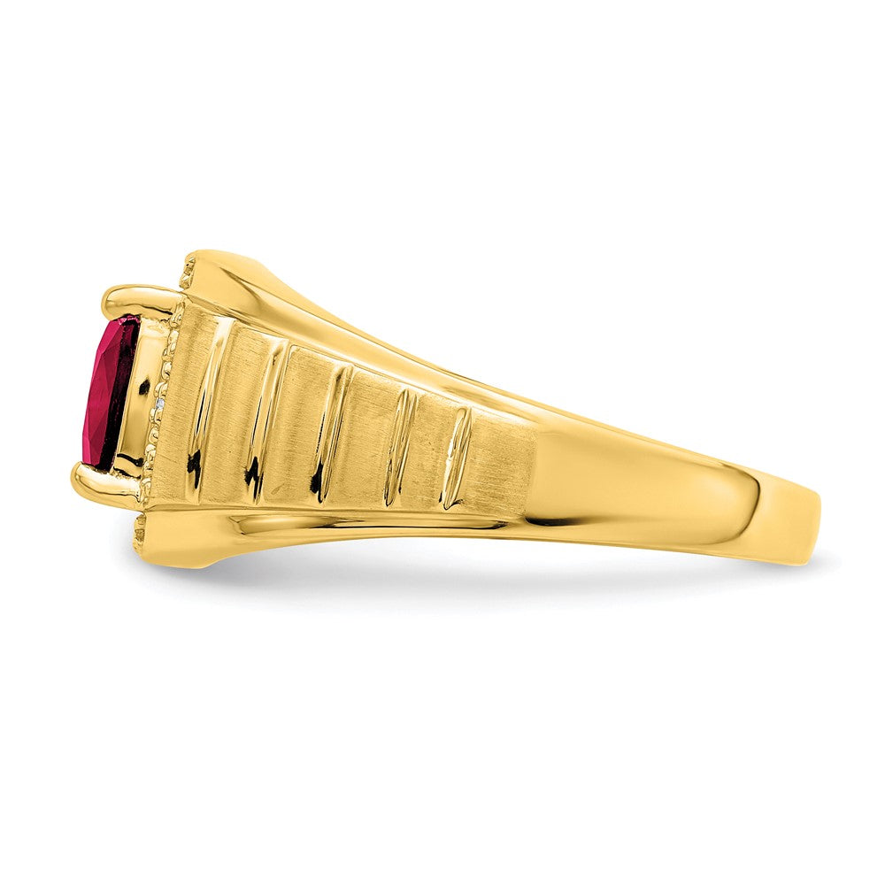 14k Yellow Gold Cushion Created Ruby and Diamond Mens Ring
