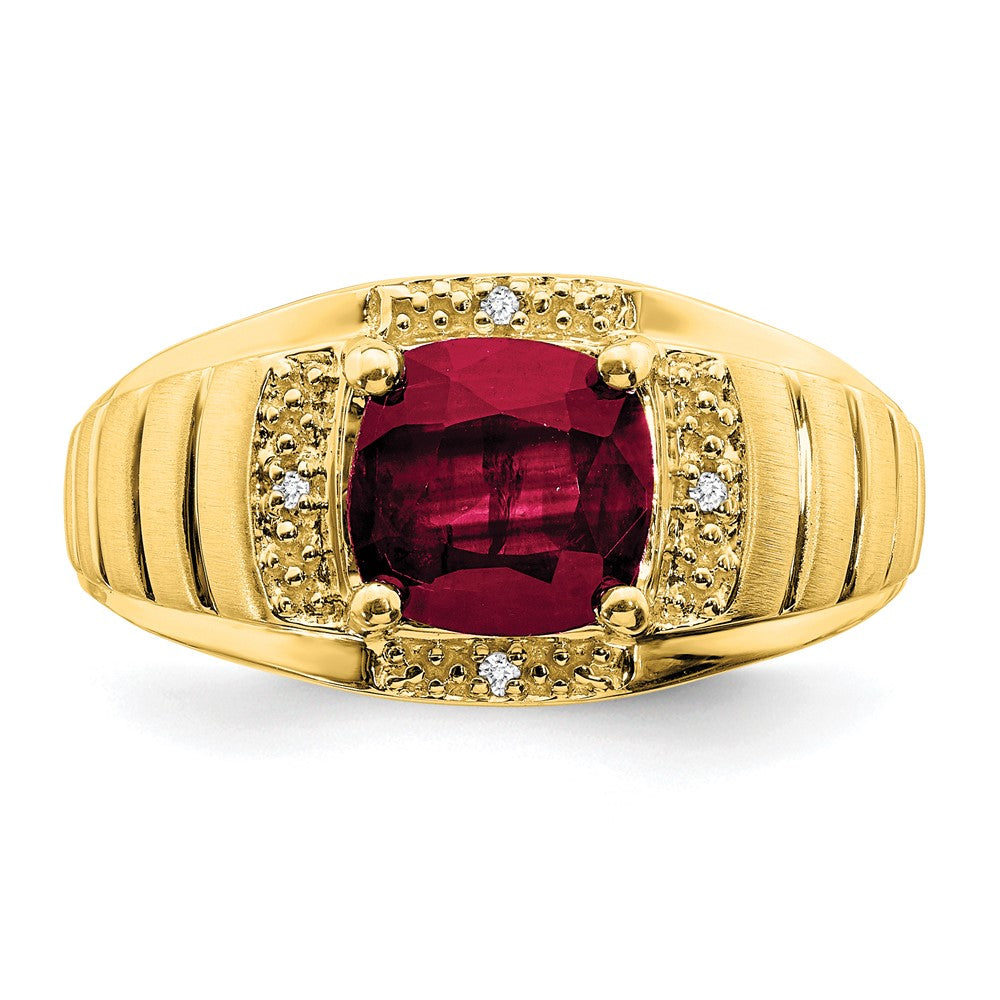 14k Yellow Gold Cushion Created Ruby and Diamond Mens Ring