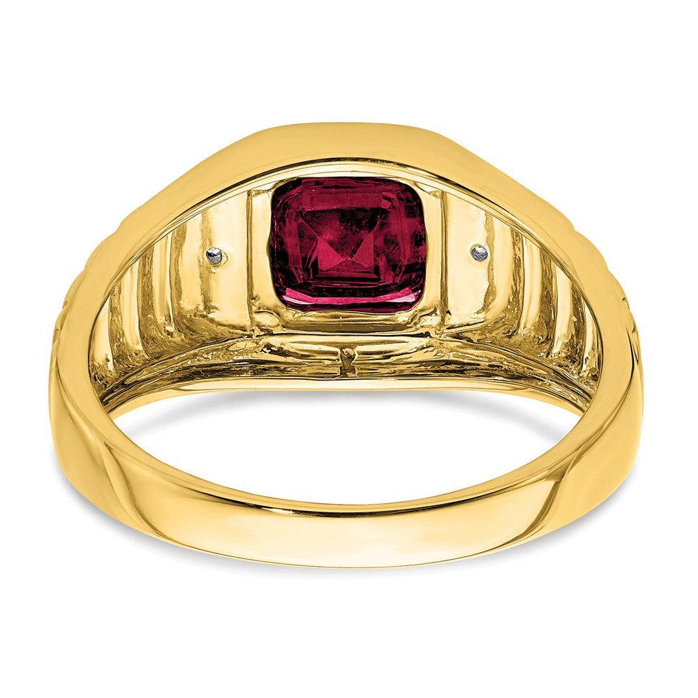14k Yellow Gold Cushion Created Ruby and Diamond Mens Ring