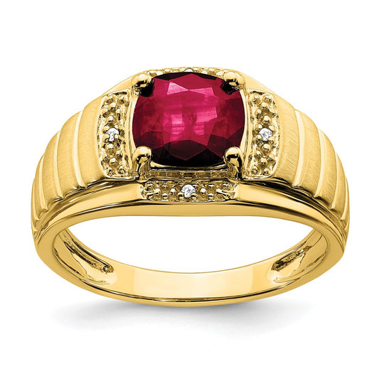 14k Yellow Gold Cushion Created Ruby and Diamond Mens Ring