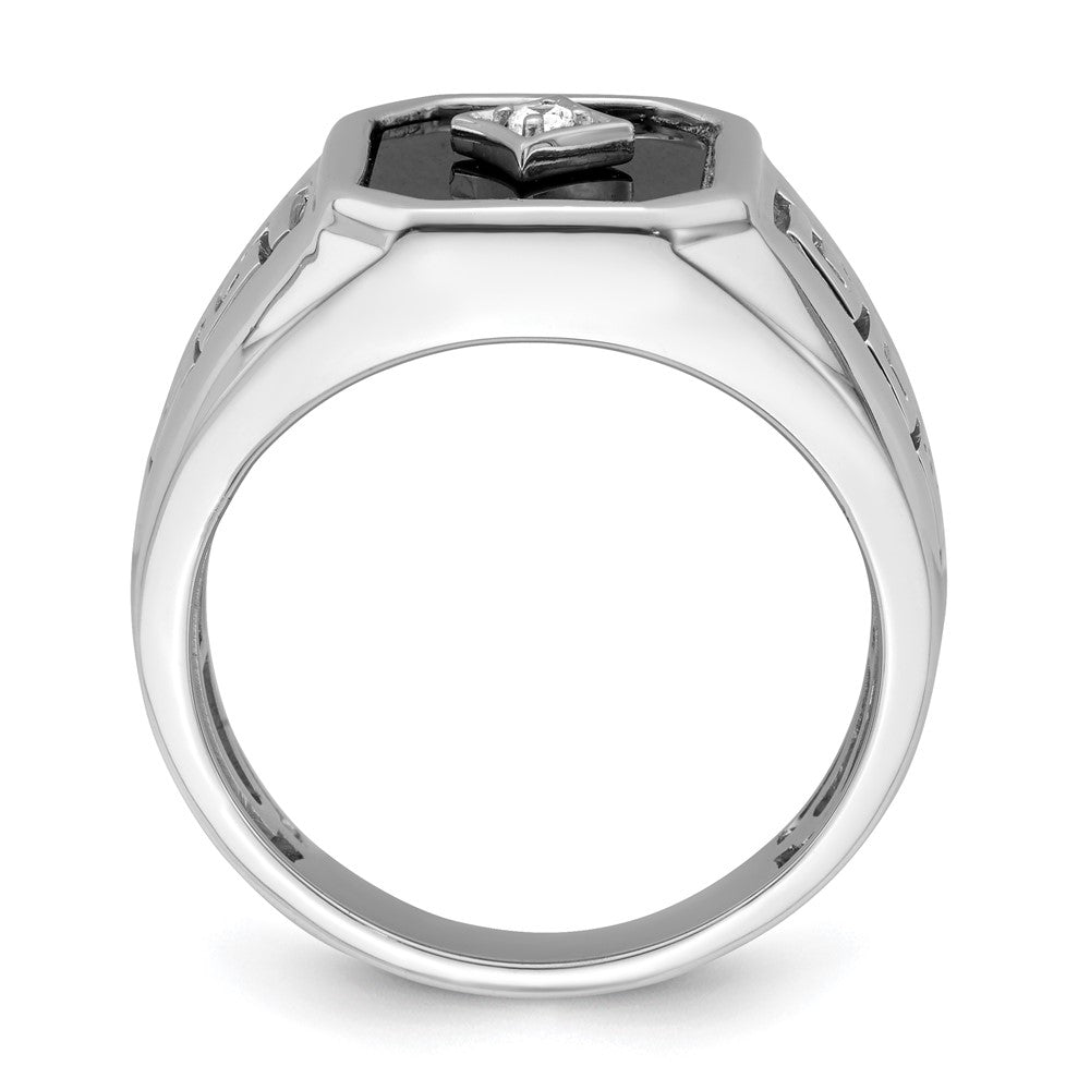 14k White Gold Onyx and Diamond Greek Key Design Mens Ring