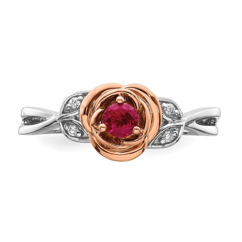 14K Two-tone White & Rose Ruby and Diamond Flower Ring