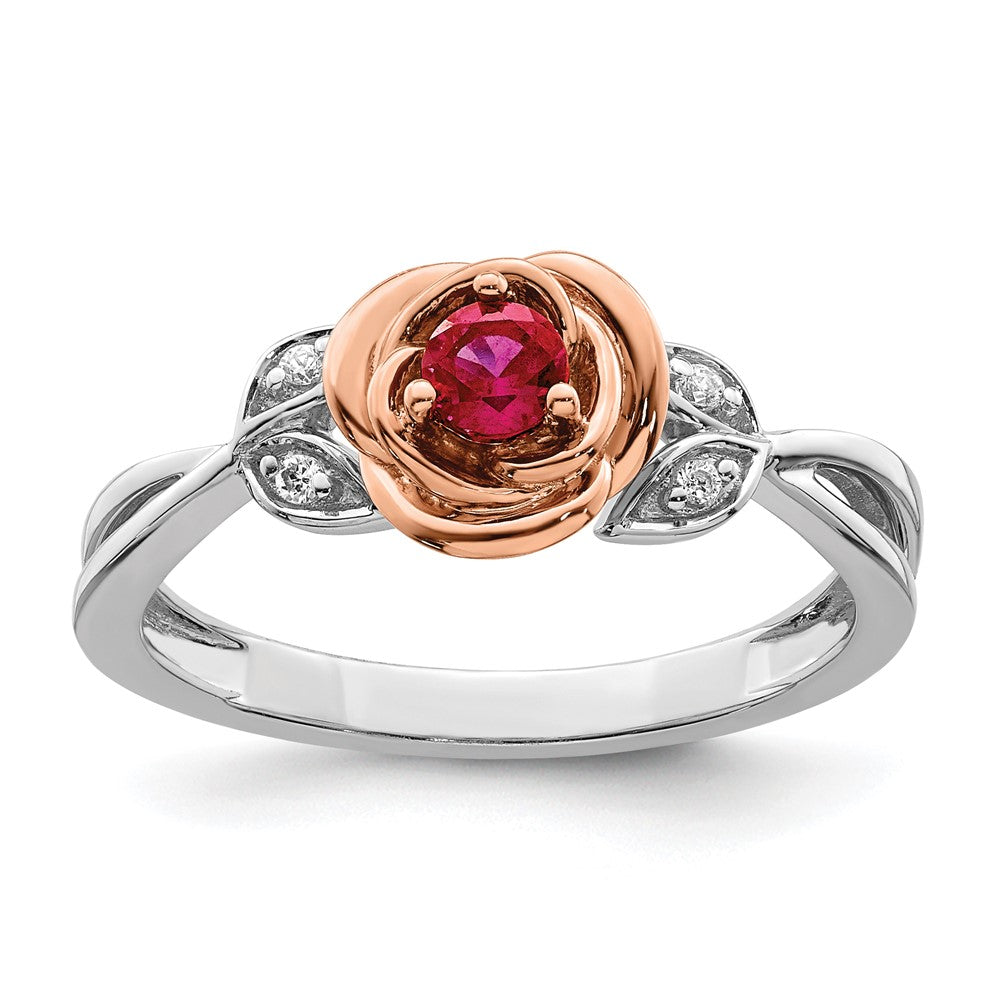 14K Two-tone White & Rose Gold Ruby and Diamond Flower Ring
