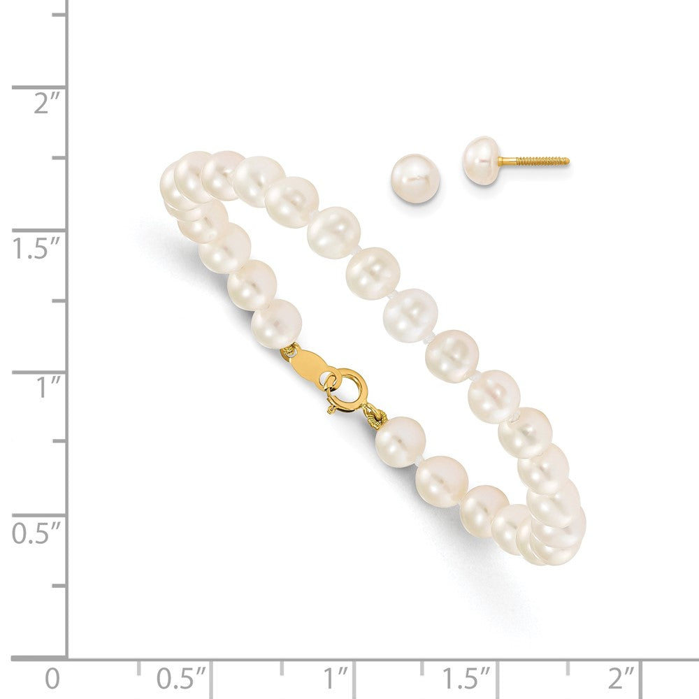 14k Madi K 4-5mm White Freshwater Cultured Pearl 5.5 inch Bracelet and Post Earrings Set