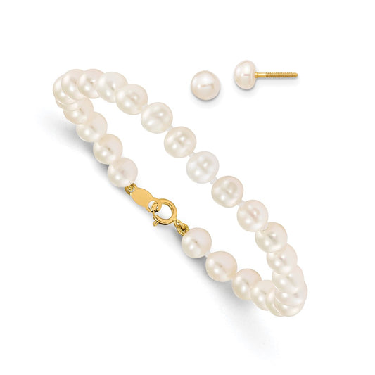14k Madi K 4-5mm White Freshwater Cultured Pearl 5.5 inch Bracelet and Post Earrings Set