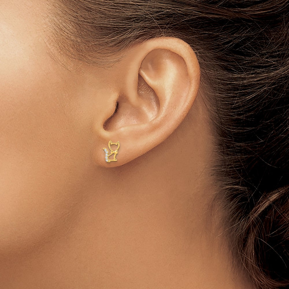14k Yellow Gold Madi K Childrens Kitten w/CZ Tail Post Earrings
