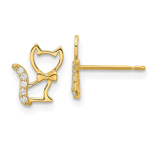 14k Yellow Gold Madi K Childrens Kitten w/CZ Tail Post Earrings