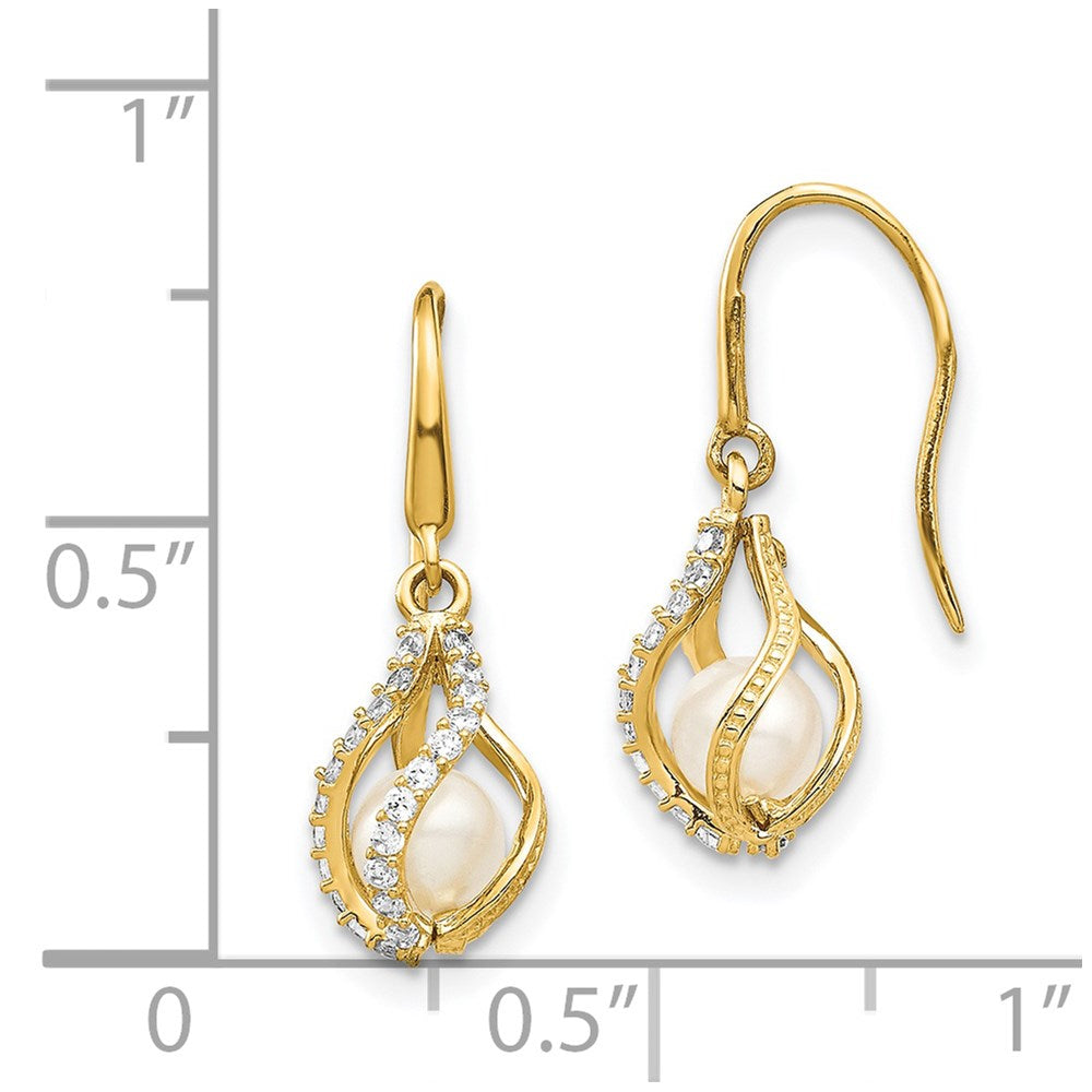 14k White Freshwater Cultured Pearl CZ Cage Dangle Earrings