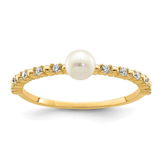 14K Madi K 3-4mm White Button Freshwater Cultured Pearl and CZ Ring