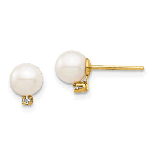 14K Yellow Gold Madi K 5-6mm White Round FW Cultured Pearl .02ct Diamond Post Earrings