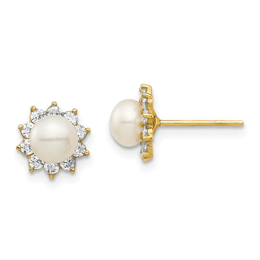 14k Yellow Gold Madi K 5-6mm White Button Freshwater Cultured Pearl CZ Post Earrings