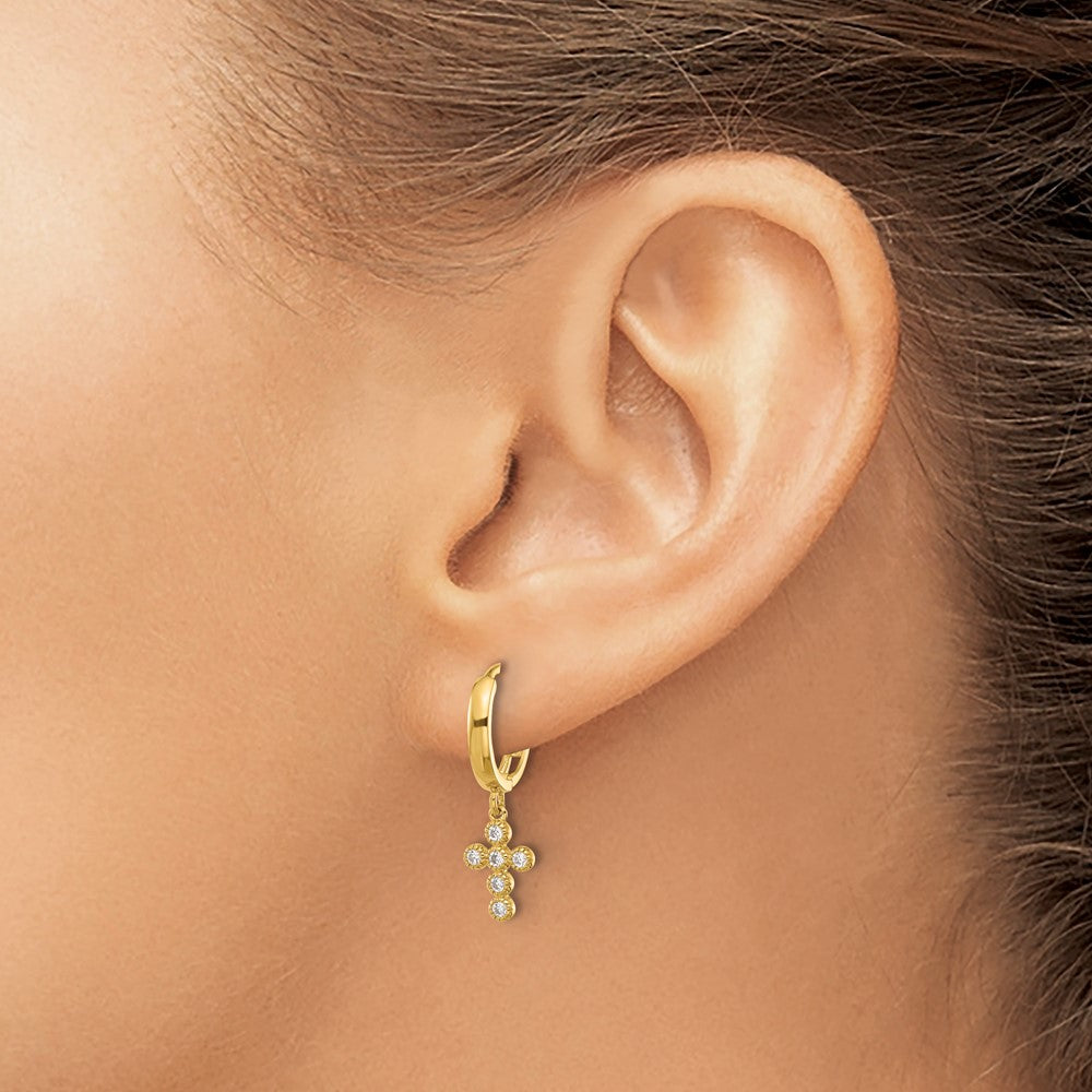 14k Madi K Polished CZ Cross Dangle Huggie Hoop Earrings