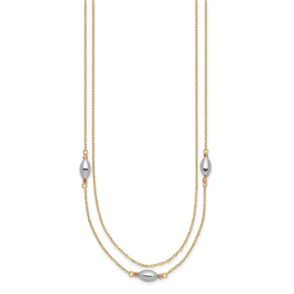 14K Yellow Gold Tri Color 2 Strand w/Puff Beads w/2 IN Ext Necklace