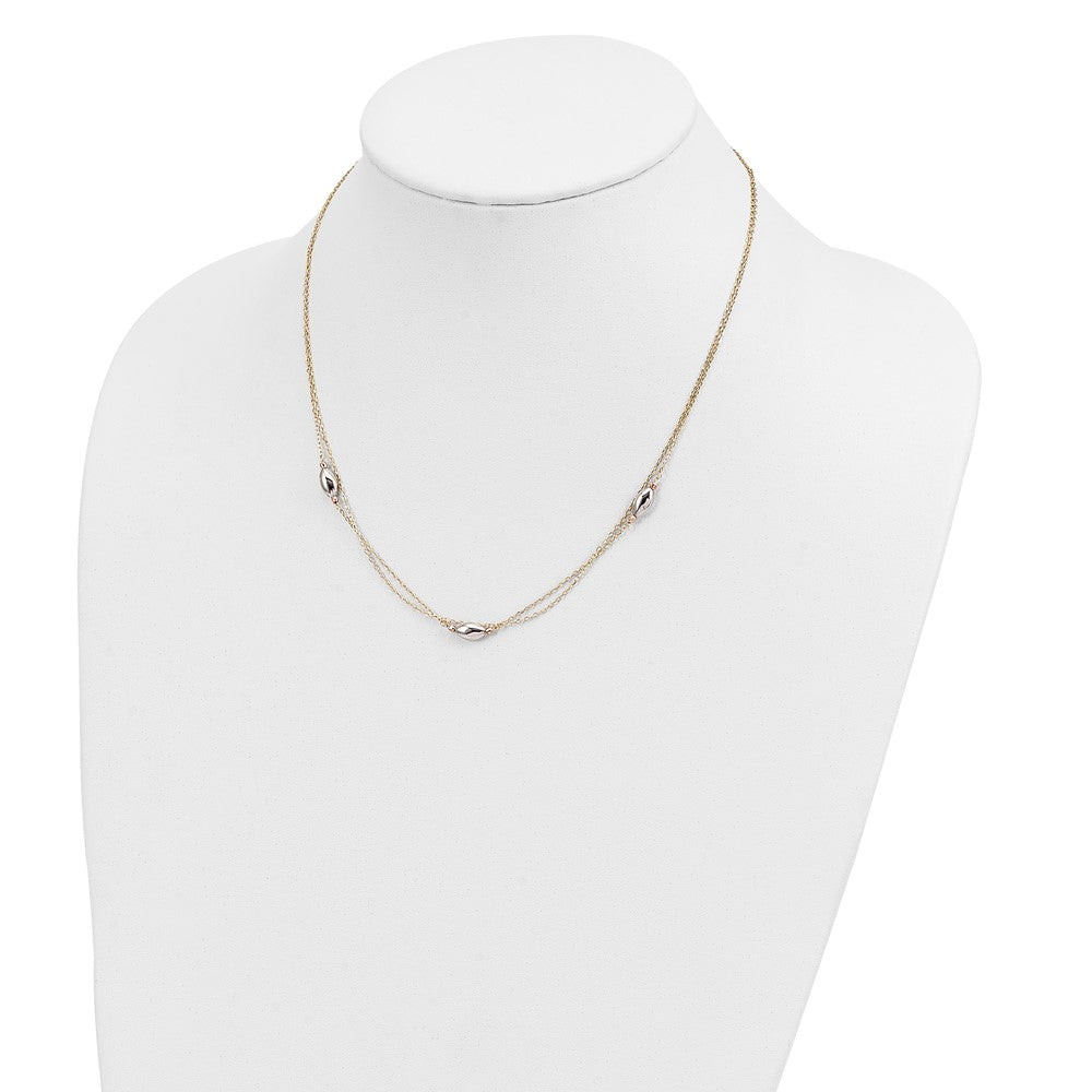 14K Yellow Gold Tri Color 2 Strand w/Puff Beads w/2 IN Ext Necklace