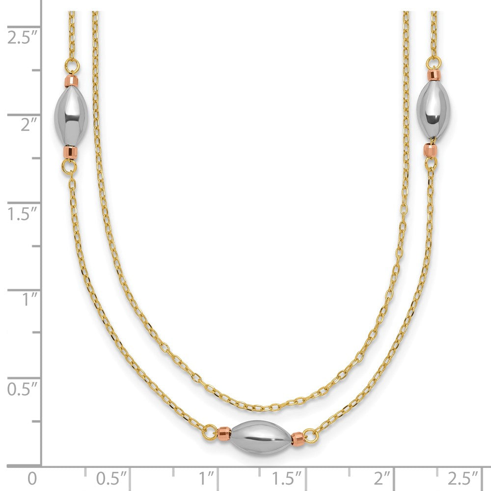 14K Yellow Gold Tri Color 2 Strand w/Puff Beads w/2 IN Ext Necklace