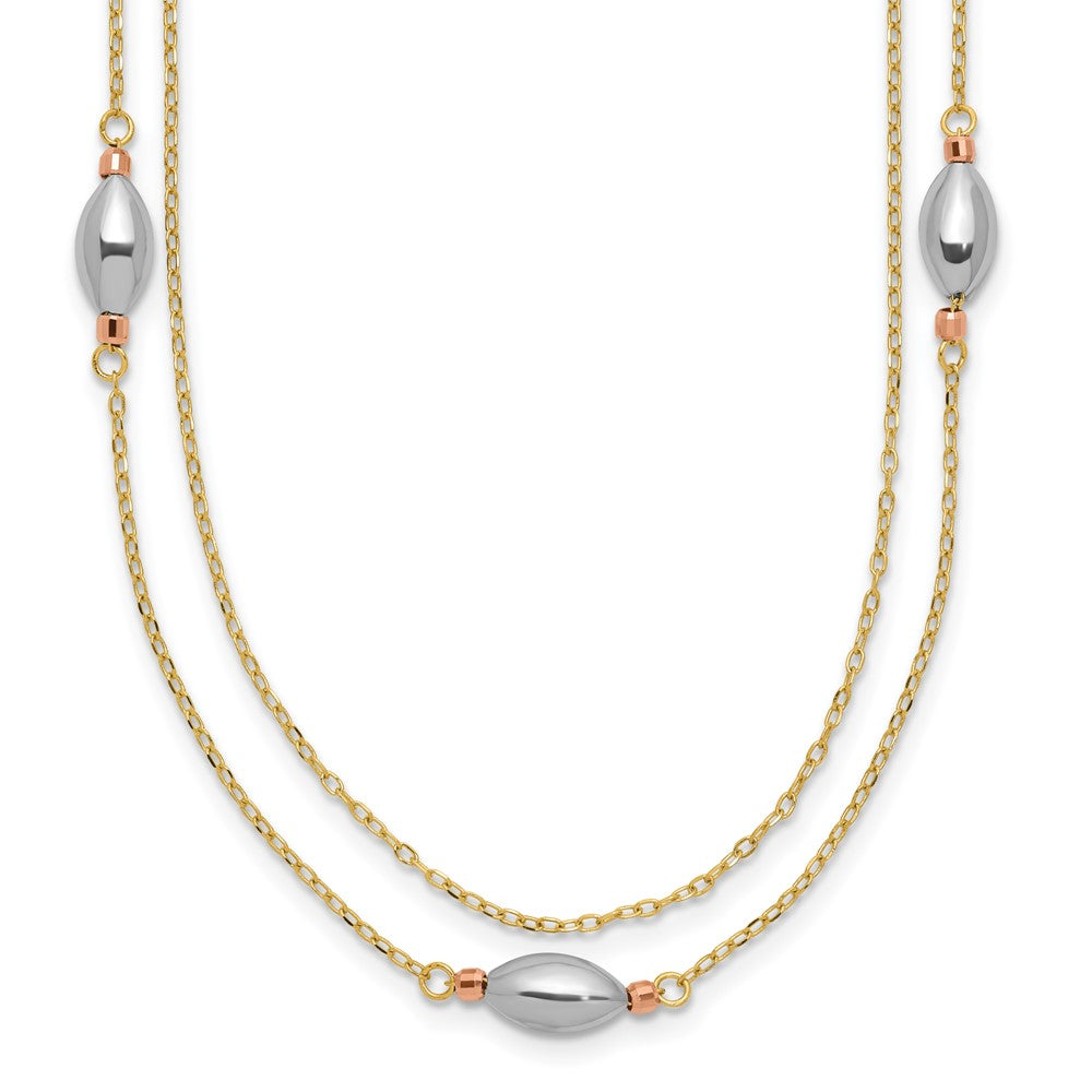 14K Yellow Gold Tri Color 2 Strand w/Puff Beads w/2 IN Ext Necklace