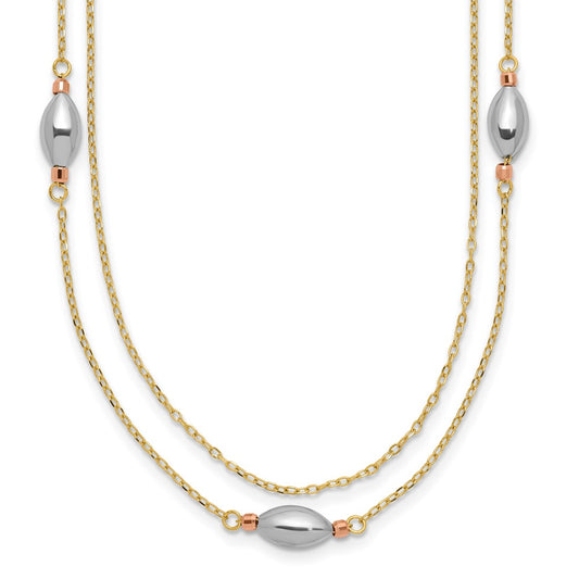 14K Yellow Gold Tri Color 2 Strand w/Puff Beads w/2 IN Ext Necklace