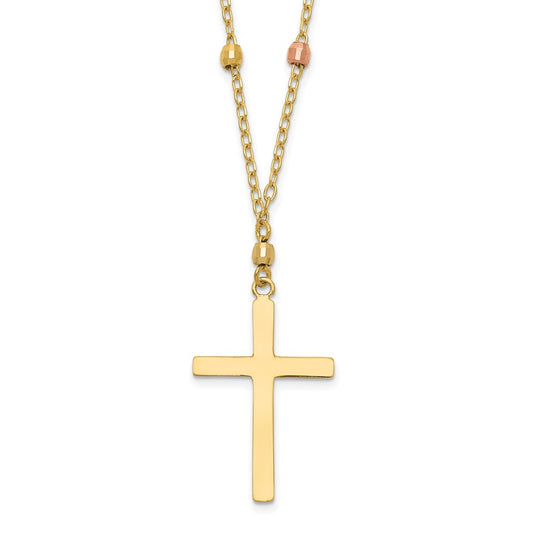 14K Tri Colored Gold Diamond Cut Beaded Cross Necklace