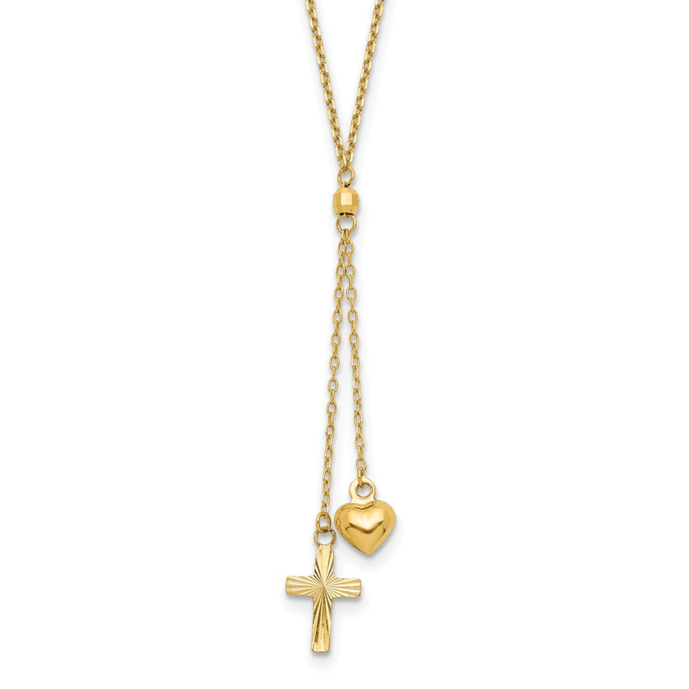 14k Yellow Gold Puffed Heart & D/C Cross Graduated Chain W/2 IN Ext Necklace
