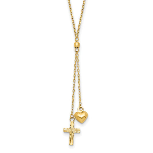 14k Yellow Gold Puffed Heart & D/C Cross Graduated Chain W/2 IN Ext Necklace