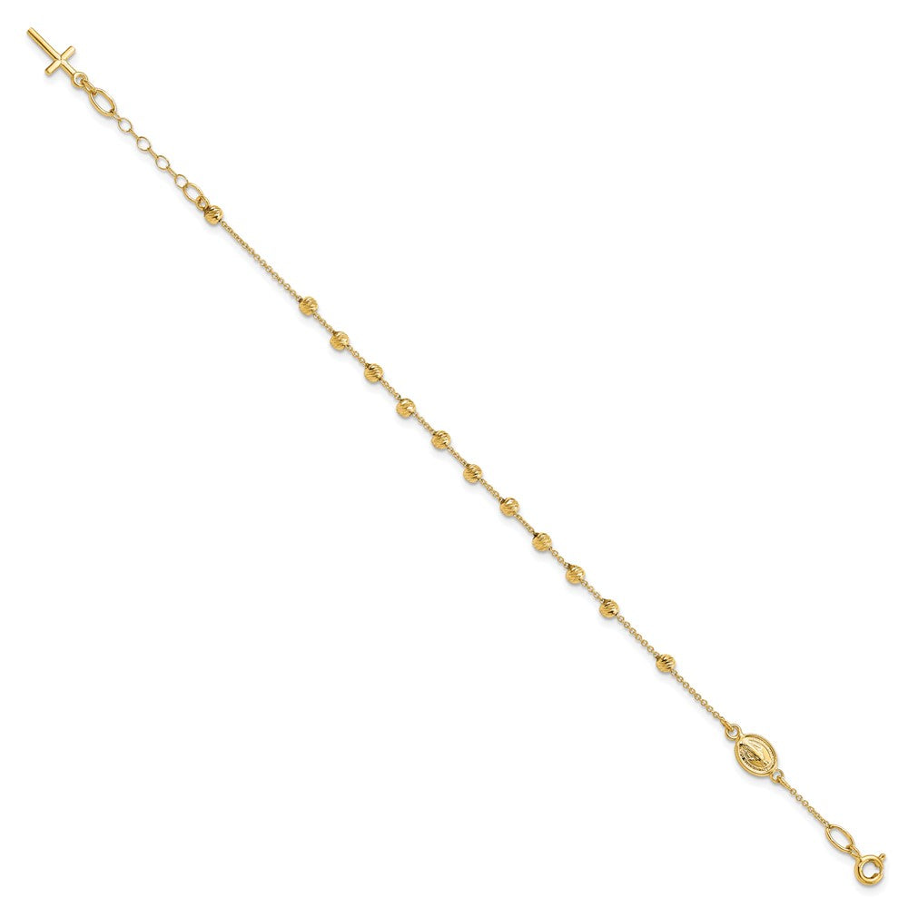14k Polished D/C Cross and Virgin Mary Medal .75in ext. Bracelet