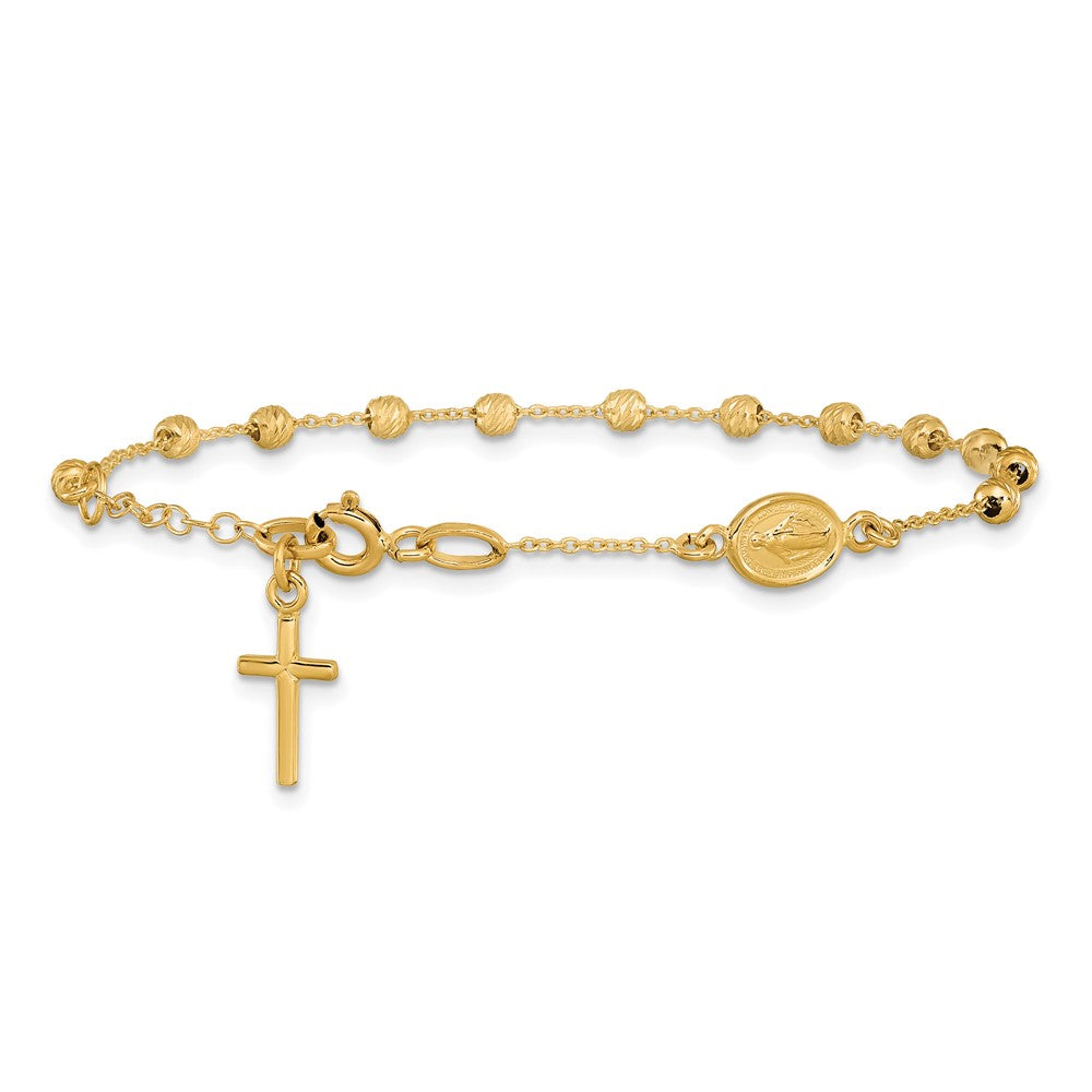 14k Polished D/C Cross and Virgin Mary Medal .75in ext. Bracelet