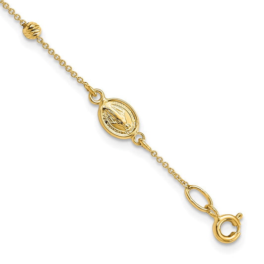 14k Polished D/C Cross and Virgin Mary Medal .75in ext. Bracelet