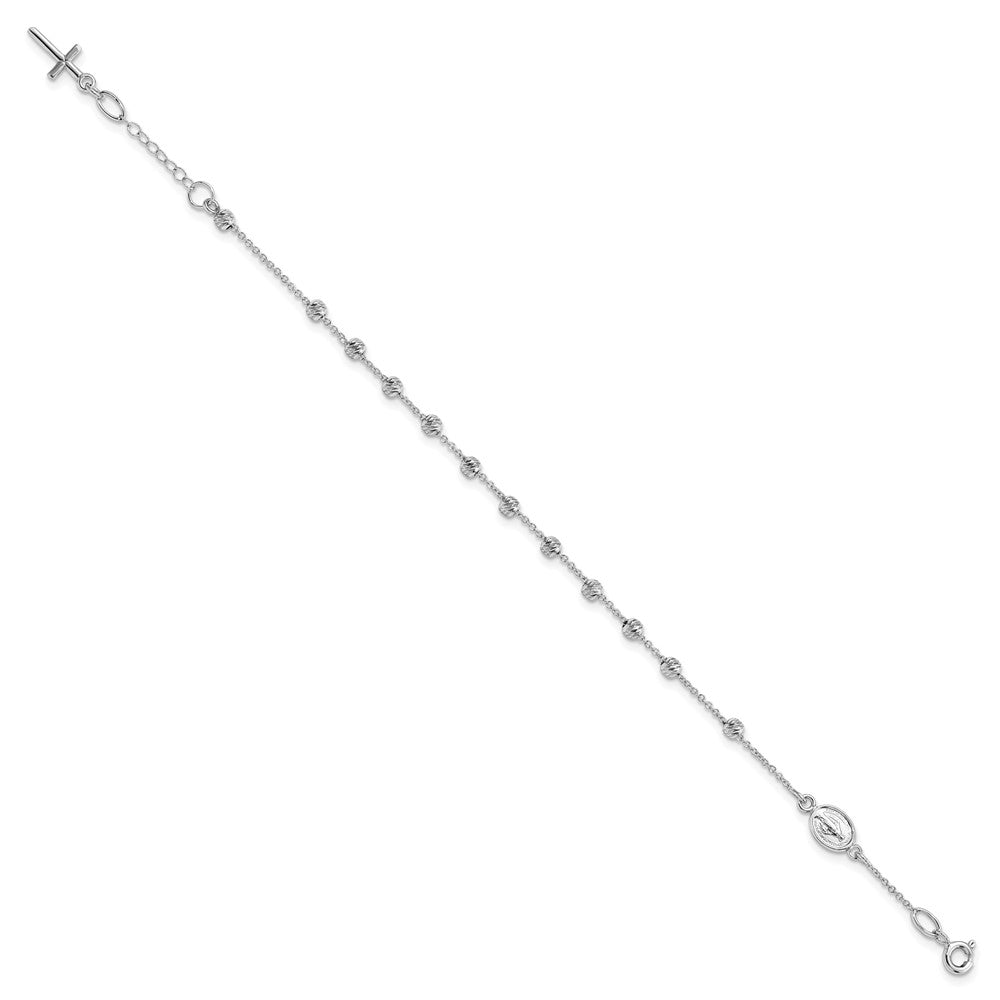 14k White Gold D/C Cross and Virgin Mary Medal .75in ext. Bracelet