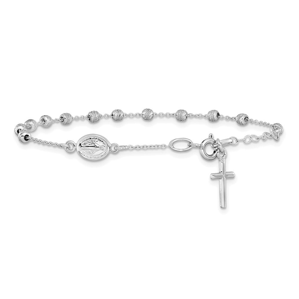 14k White Gold D/C Cross and Virgin Mary Medal .75in ext. Bracelet