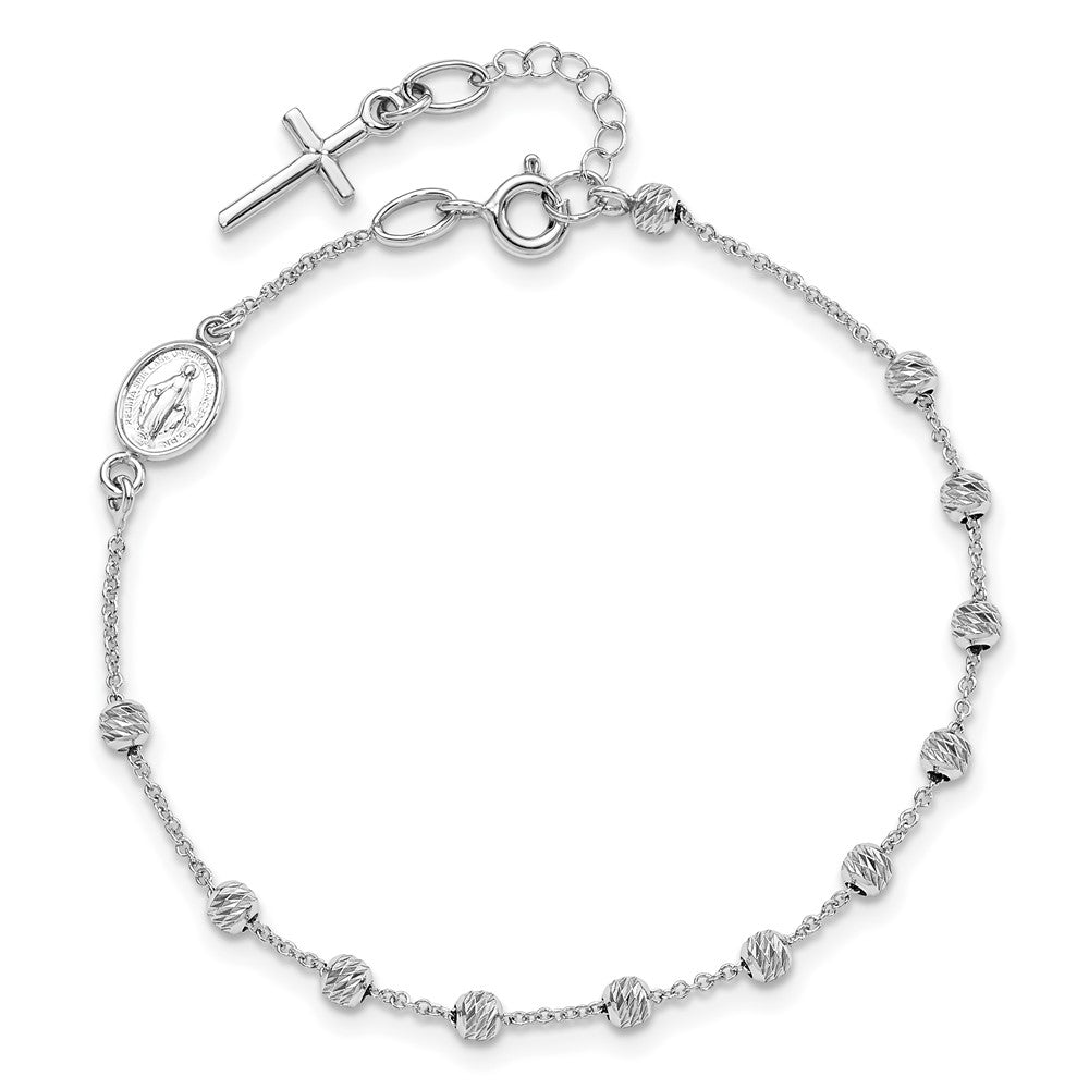 14k White Gold D/C Cross and Virgin Mary Medal .75in ext. Bracelet