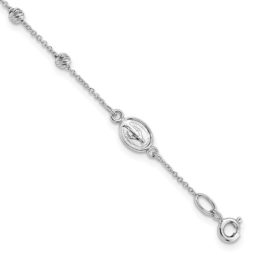 14k White Gold D/C Cross and Virgin Mary Medal .75in ext. Bracelet
