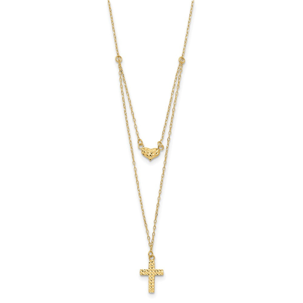 14k Yellow Gold Polished 2-Strand D/C Cross & Heart w/2in. Ext. Necklace
