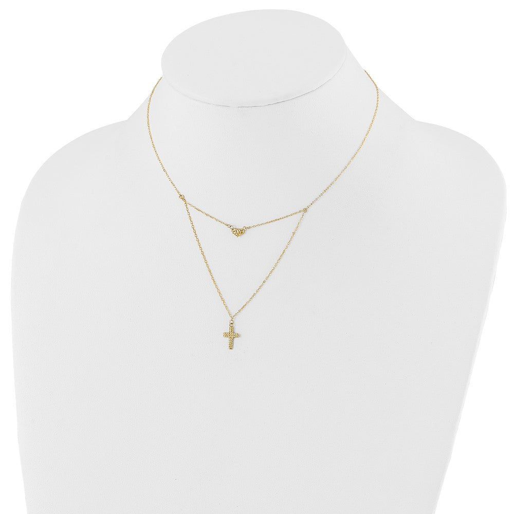 14k Yellow Gold Polished 2-Strand D/C Cross & Heart w/2in. Ext. Necklace