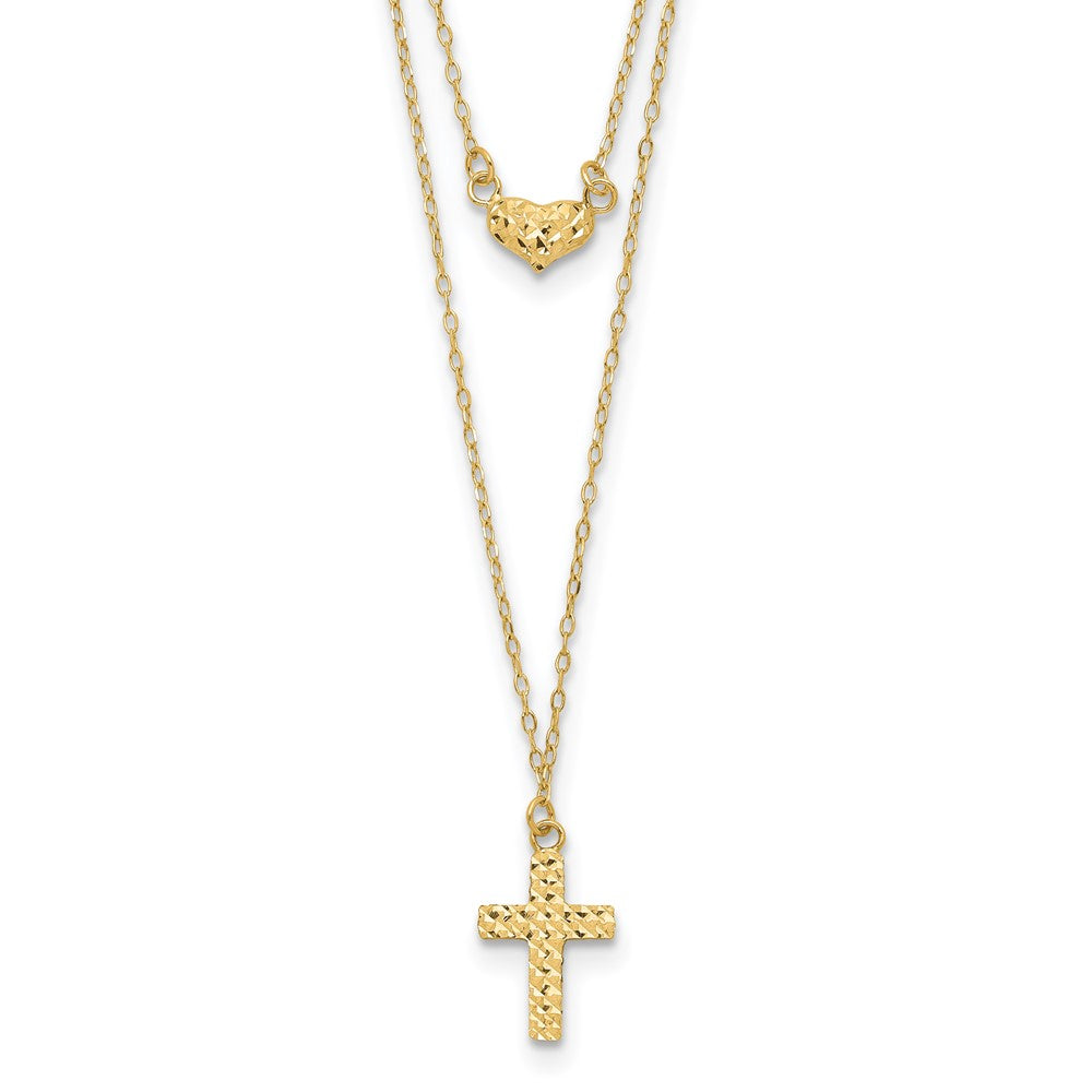 14k Yellow Gold Polished 2-Strand D/C Cross & Heart w/2in. Ext. Necklace