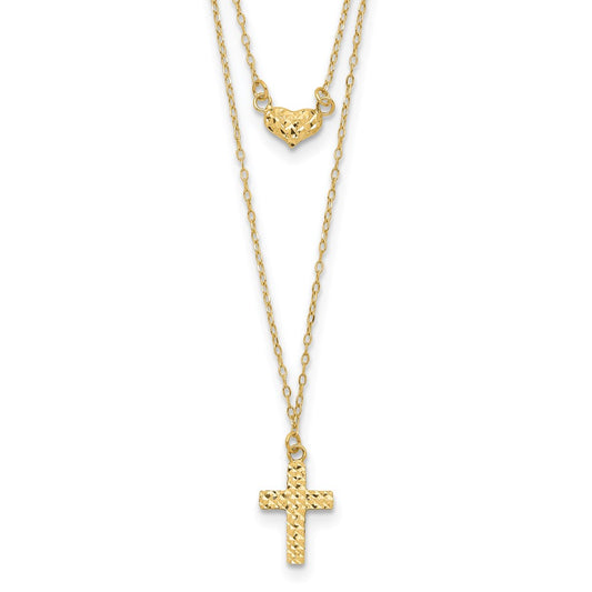 14k Yellow Gold Polished 2-Strand D/C Cross & Heart w/2in. Ext. Necklace