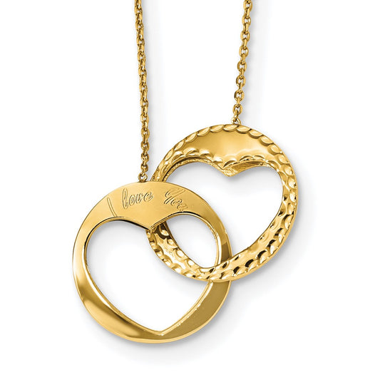 14k Polished Double Interlocking Heart I Love You with 1 inch ext. Necklace