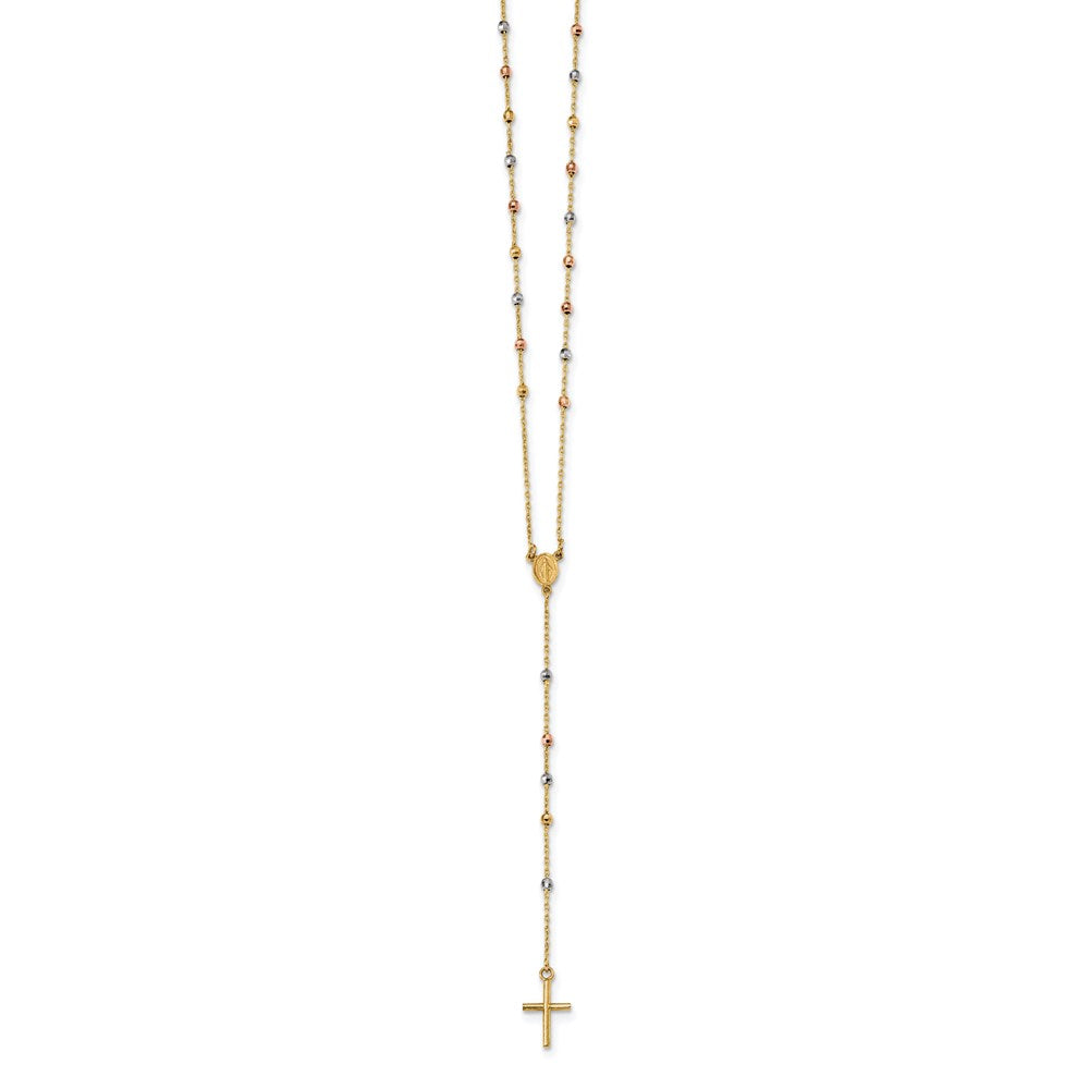 14k Tri-color Polished Bead Rosary Hollow Virgin Mary Medal 24 inch Necklace