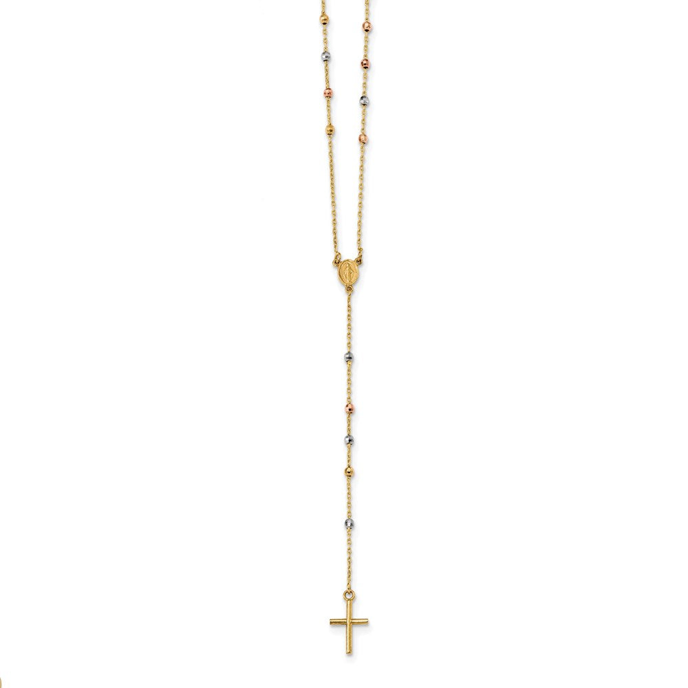 14k Tri-color Polished Bead Rosary Hollow Virgin Mary Medal 24 inch Necklace