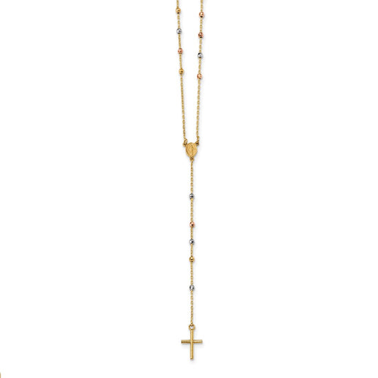 14k Tri-color Polished Bead Rosary Hollow Virgin Mary Medal 24 inch Necklace