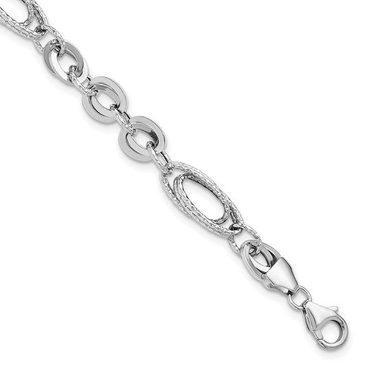 14k White Polished & Textured Oval Fancy Link Bracelet