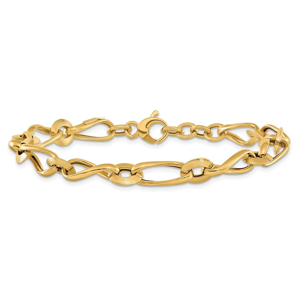 14K Yellow Gold Polished & Grooved with .5 in ext. Fancy Link Bracelet