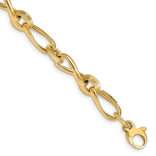 14K Yellow Gold Polished & Grooved with .5 in ext. Fancy Link Bracelet