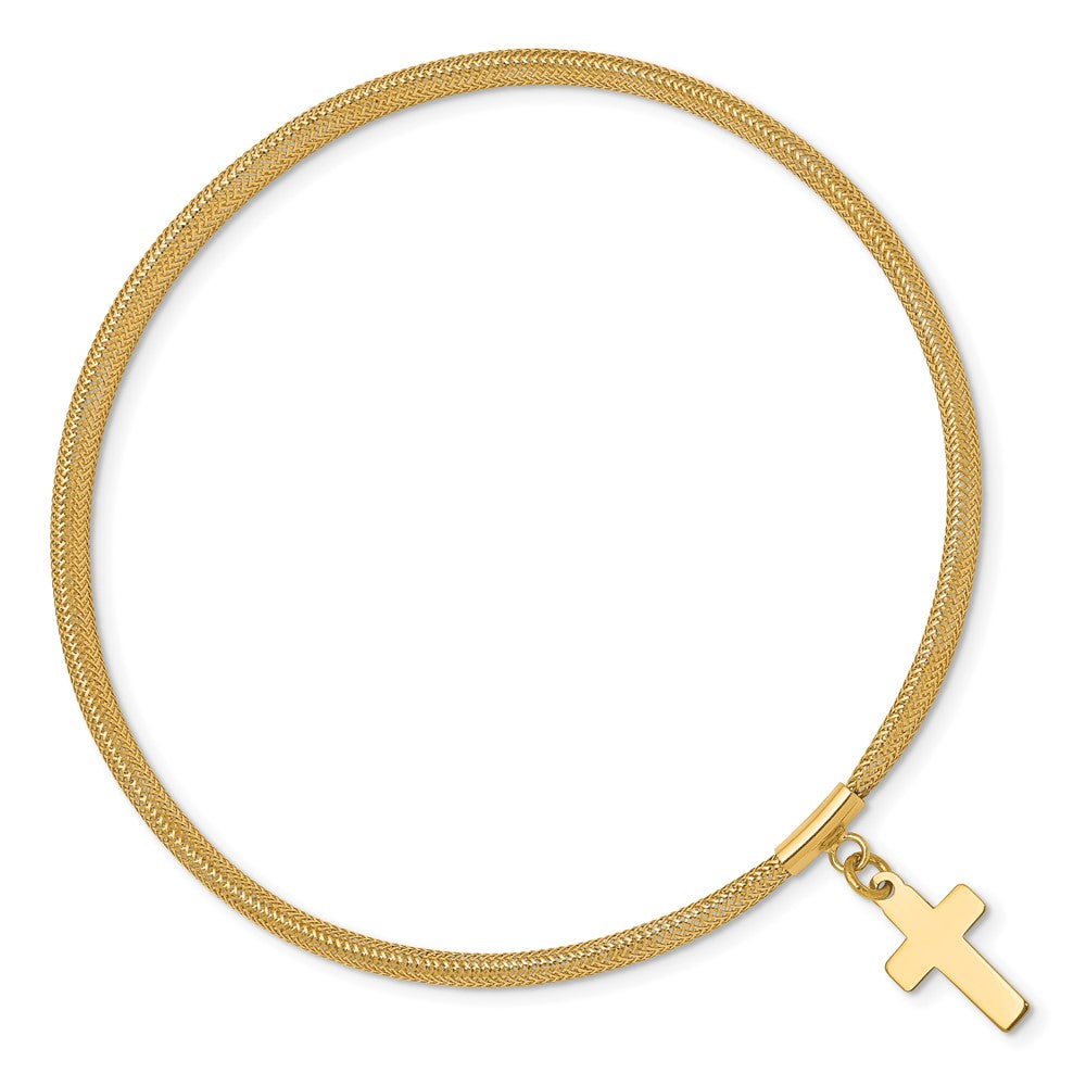 14K Yellow Gold Mesh Cross Dangle Stretch Bracelet