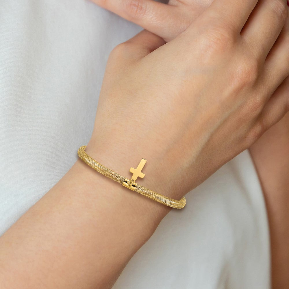 14K Yellow Gold Mesh Cross Dangle Stretch Bracelet